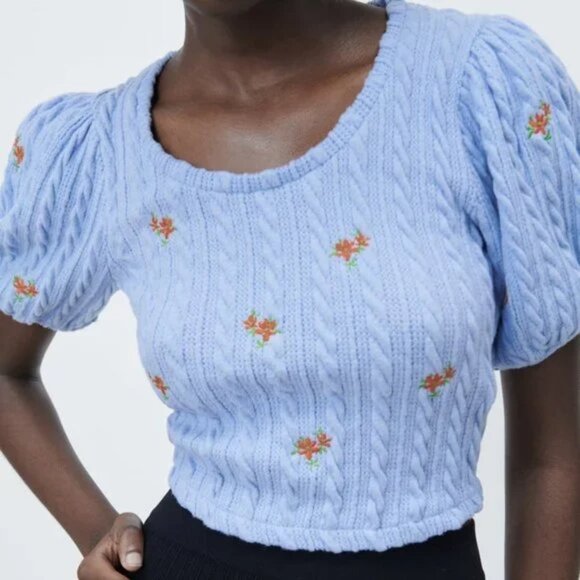 NWT ZARA Embroidered Cable Knit Short Sleeve Cropped Sweater Women’s Large Blue - Picture 1 of 3